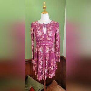 Free People Bohemian Floral Long Sleeve Dress in Purple